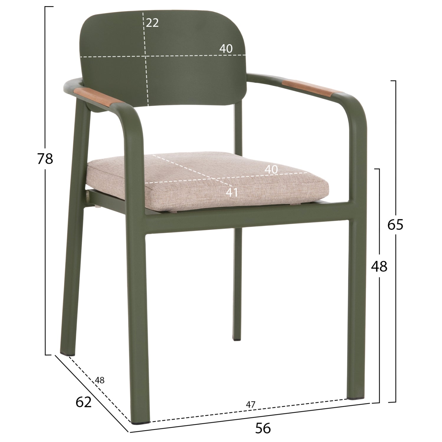 DINING CHAIR ELARA HM6414.06 GREEN ALUMINUM-BEIGE OLEFIN FABRIC--TEAK WOOD 56x62x78Hcm.