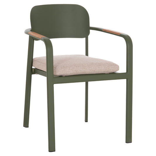 DINING CHAIR ELARA HM6414.06 GREEN ALUMINUM-BEIGE OLEFIN FABRIC--TEAK WOOD 56x62x78Hcm.