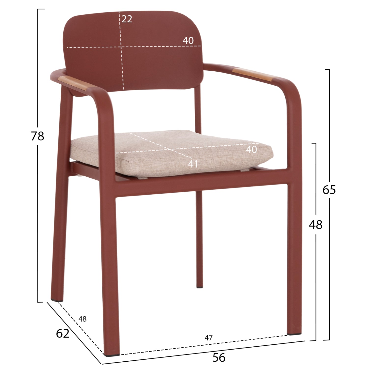 DINING CHAIR ELARA HM6414.07 RED ALUMINUM-BEIGE OLEFIN FABRIC--TEAK WOOD 56x62x78Hcm.