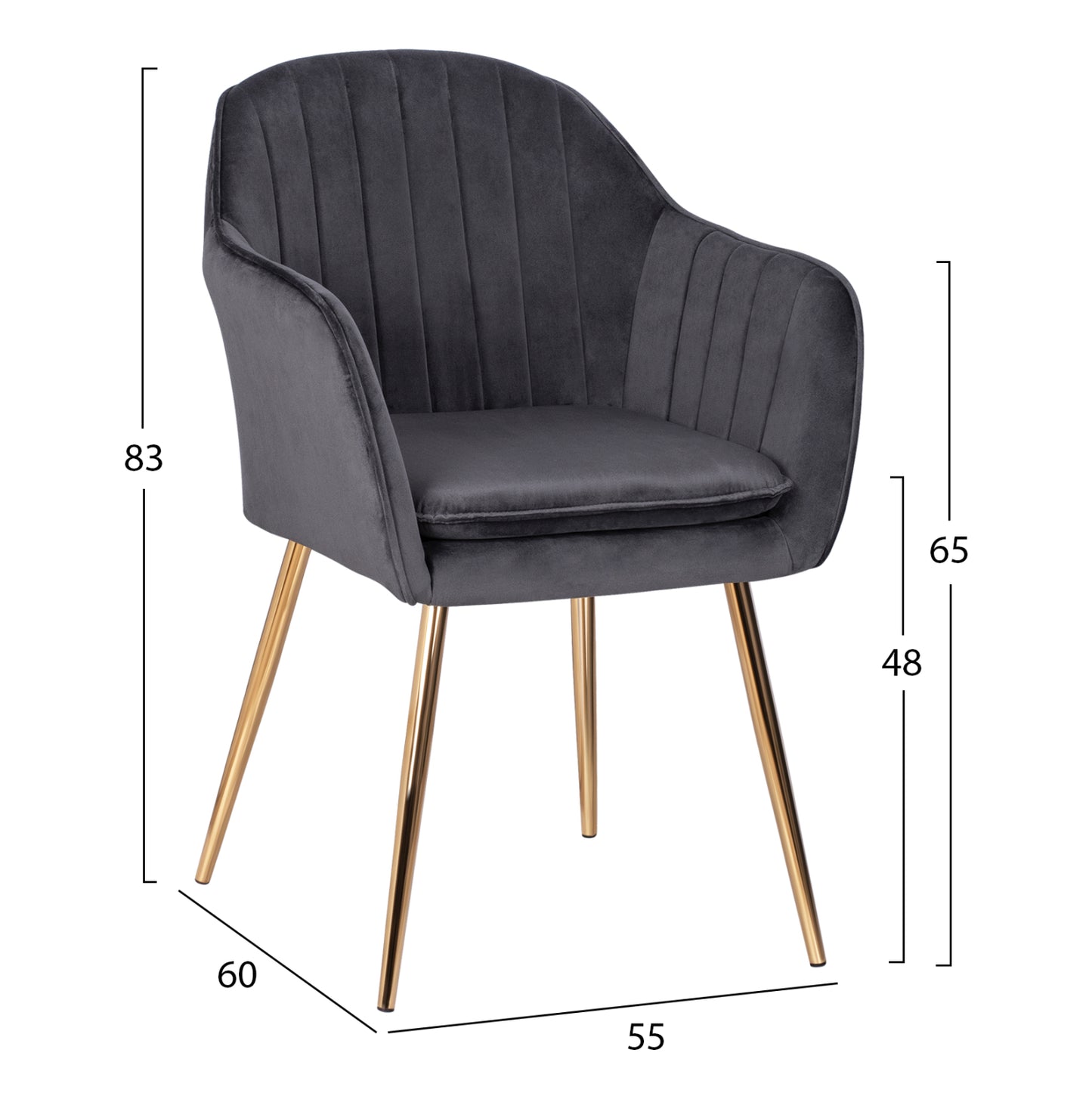 Armchair Sawyer HM8523.01 from velvet Grey with gold legs 55x60x83 cm.