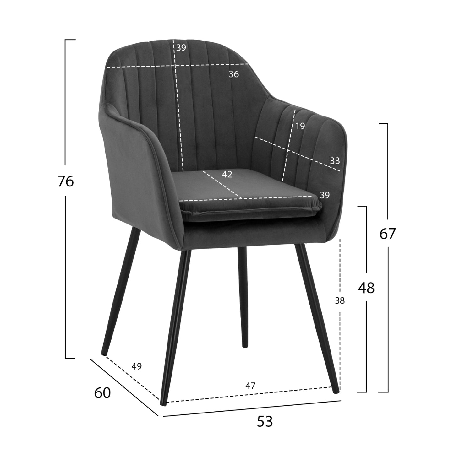 Armchair Sawyer Velvet Grey with black legs HM8523.11 53x60x76cm