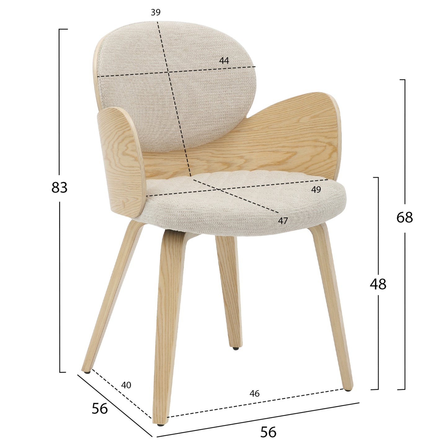 DINING ARMCHAIR DARNELL HM9974.01 PLYWOOD IN OAK COLOR-ECRU FABRIC 56x56x83Hcm.