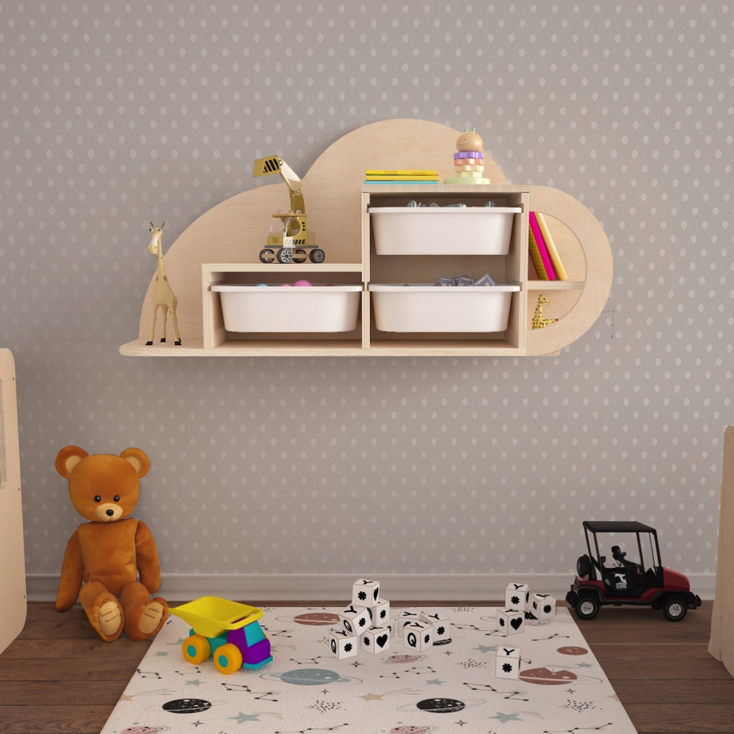 WALL SHELF COBB HM18227.03 BIRCH WOOD IN NATURAL-WHITE P.E. DRAWERS 98x22,5x48,5Hcm.