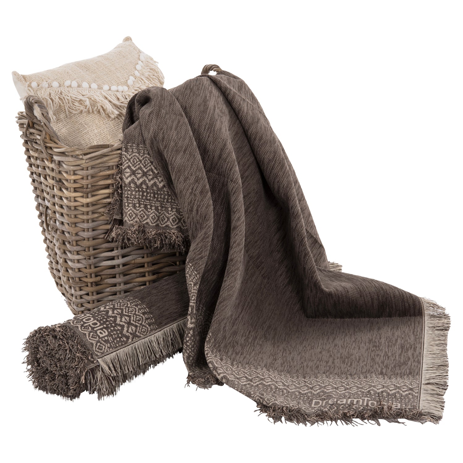 SOFA COVER-THROW WITH FRINGES DREAMTOPIA HM12165.04 IN BROWN COLOR 295X170cm.