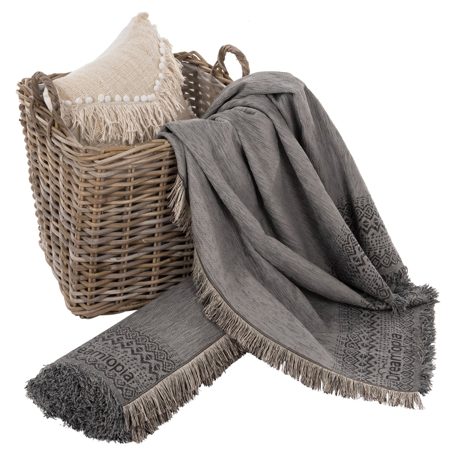 SOFA COVER-THROW WITH FRINGES DREAMTOPIA HM12165.05 IN LIGHT GREY COLOR 295X170cm.