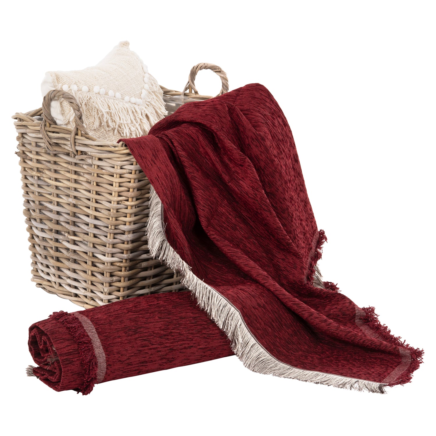 SOFA COVER-THROW WITH FRINGES DREAMTOPIA HM12165.10 IN BURGUNDY RED COLOR 295X170cm.