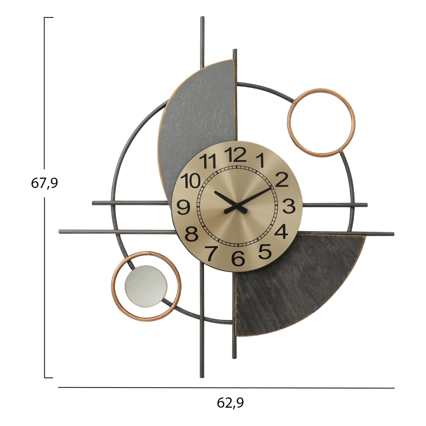 WALL DECOR CLOCK HM7557 METAL WITH ABSTRACT GEOMETRICAL SHAPES-GREY, DARK GREY, GOLD