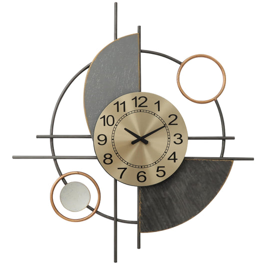 WALL DECOR CLOCK HM7557 METAL WITH ABSTRACT GEOMETRICAL SHAPES-GREY, DARK GREY, GOLD