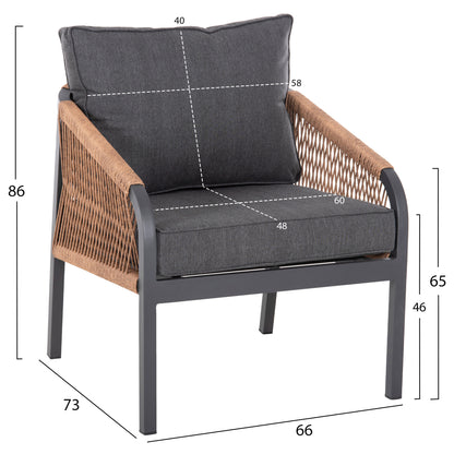 OUTDOOR LOUNGE SET 4PCS MAERLY HM6056.03 ANTHRACITE ALUMINUM-PE TWIST ROPE-ANTHRACITE CUSHIONS