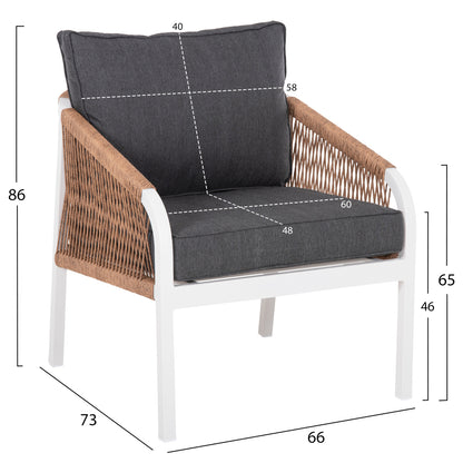 OUTDOOR LOUNGE SET 4PCS MAERLY HM6056.01 WHITE ALUMINUM-PE TWIST ROPE-ANTHRACITE CUSHIONS
