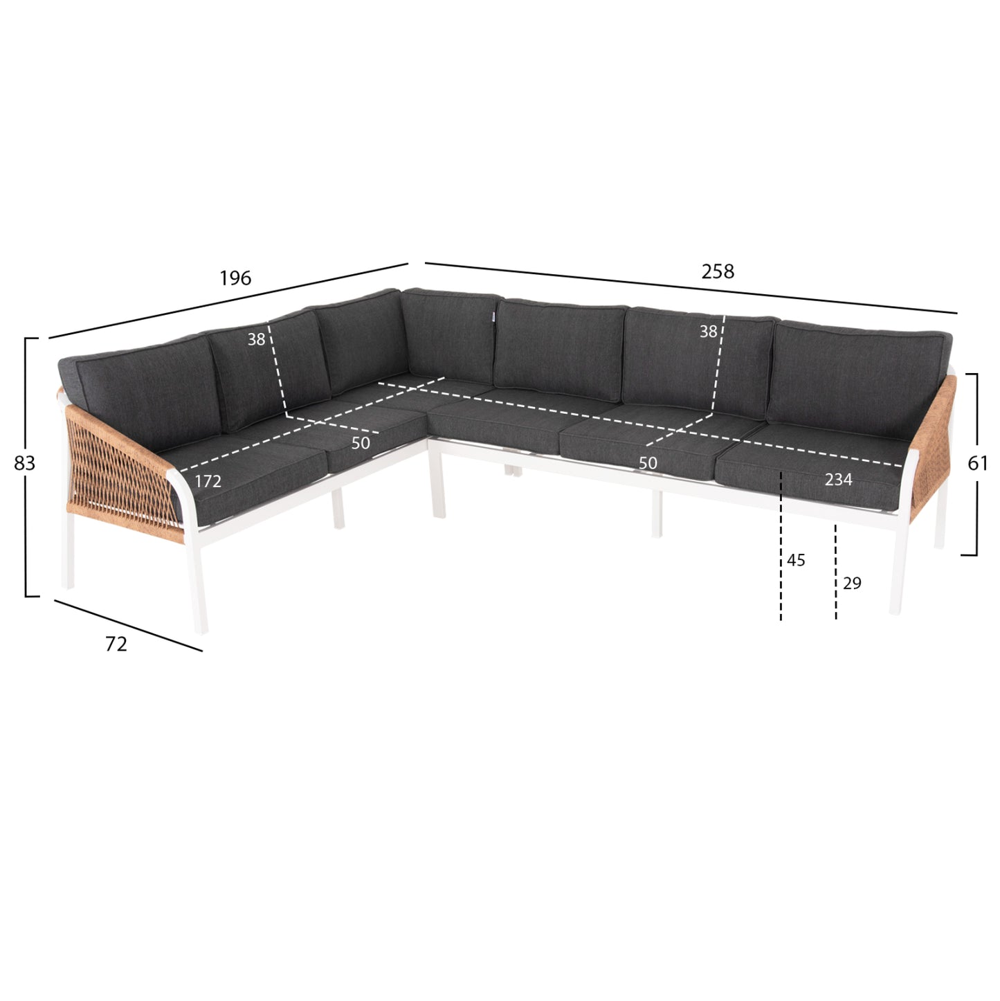 OUTDOOR CORNER LOUNGE SET MAERLY HM6140.01 WHITE ALUMINUM-ANTHRACITE CUSHIONS-BEIGE SYNTHETIC ROPE