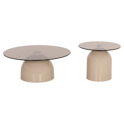 SET 2 COFFEE TABLES BELLINS HM18313.04 BEIGE METAL BASES--GLASS TOPS Φ50cm & Φ80cm