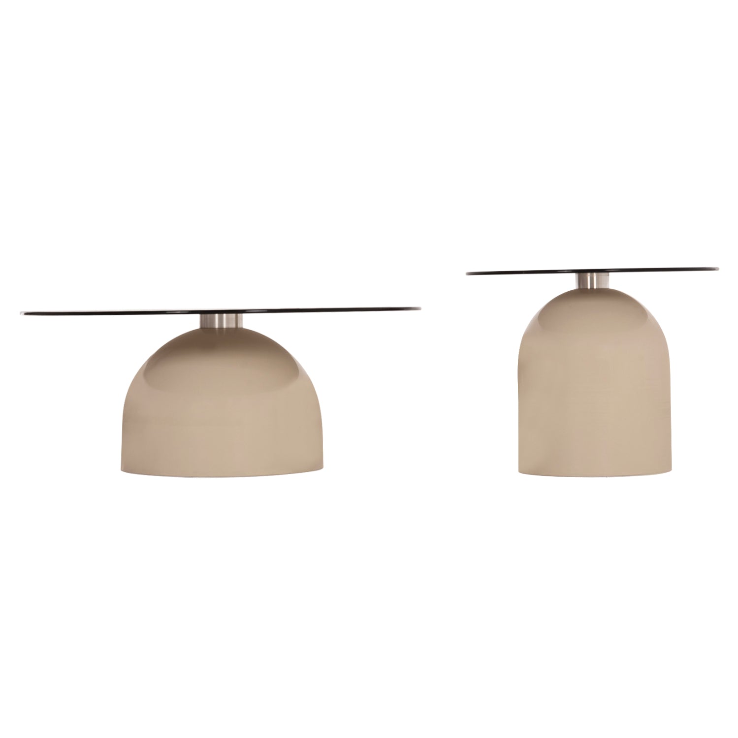 SET 2 COFFEE TABLES BELLINS HM18313.04 BEIGE METAL BASES--GLASS TOPS Φ50cm & Φ80cm