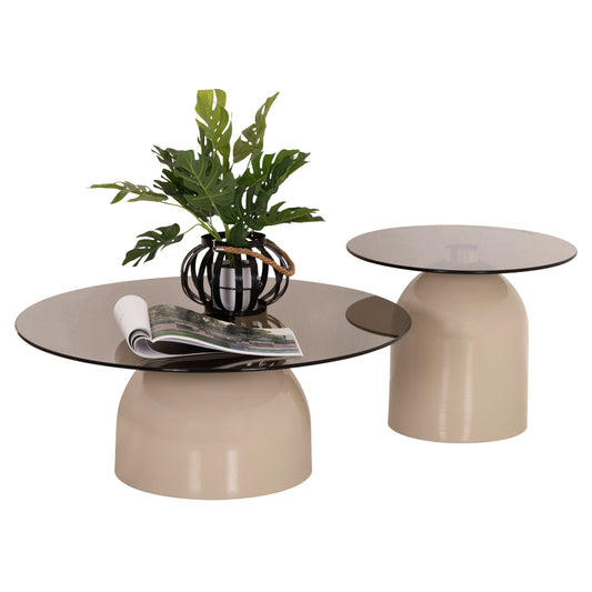 SET 2 COFFEE TABLES BELLINS HM18313.04 BEIGE METAL BASES--GLASS TOPS Φ50cm & Φ80cm