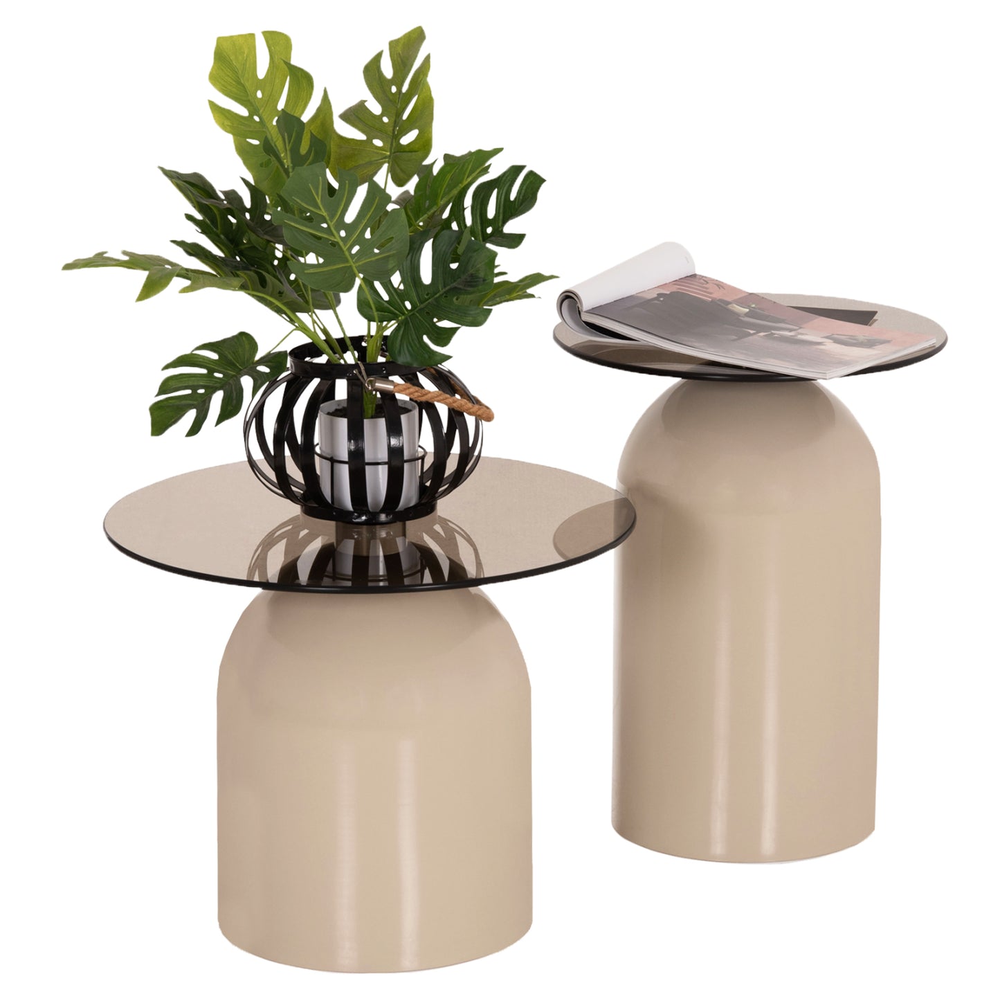 SET 2 COFFEE TABLES BELLINS HM18314.04 BEIGE METAL BASES--GLASS TOPS Φ50cm & Φ40cm
