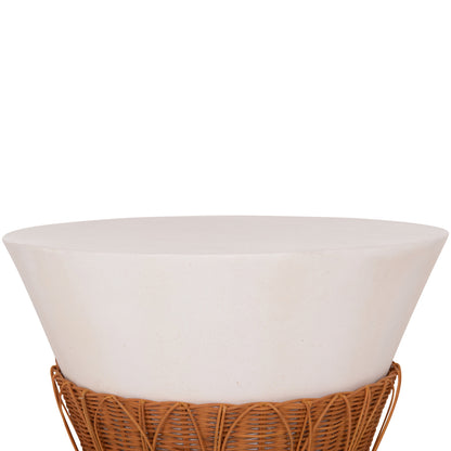 SET 2PCS COFFEE TABLES PERRAL HM21138.02 FIBER CEMENT IN WHITE--NATURAL RATTAN DECOR