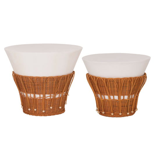 SET 2PCS COFFEE TABLES PERRAL HM21138.02 FIBER CEMENT IN WHITE--NATURAL RATTAN DECOR