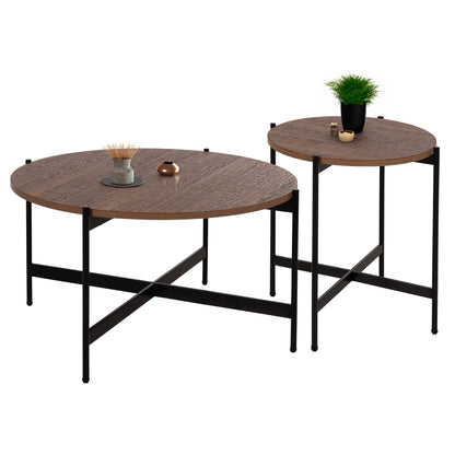 COFFEE TABLES 2PCS SET RONDA HM21089.03 MDF IN WALNUT COLOR Φ80cm & Φ50cm