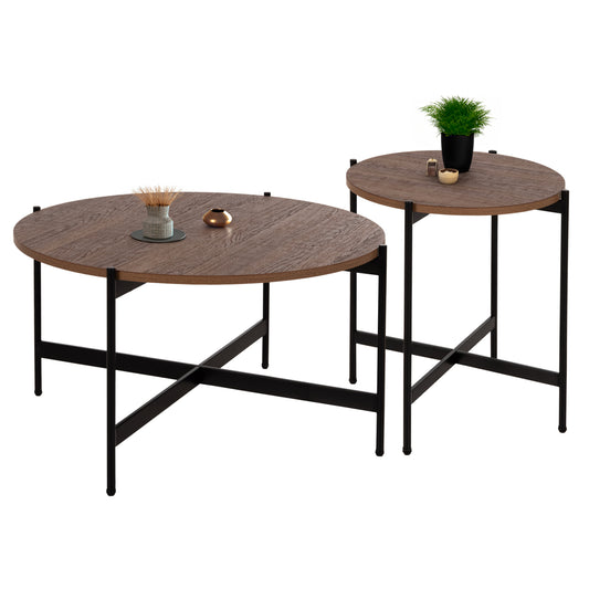 COFFEE TABLES 2PCS SET RONDA HM21089.03 MDF IN WALNUT COLOR Φ80cm & Φ50cm