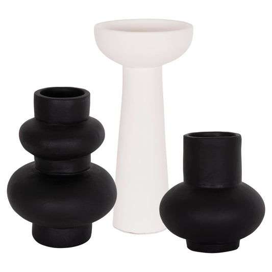SET OF 3 TABLE DECORATIVE VASES LEKKAN HM21142.01 TERRACOTTA IN WHITE & BLACK