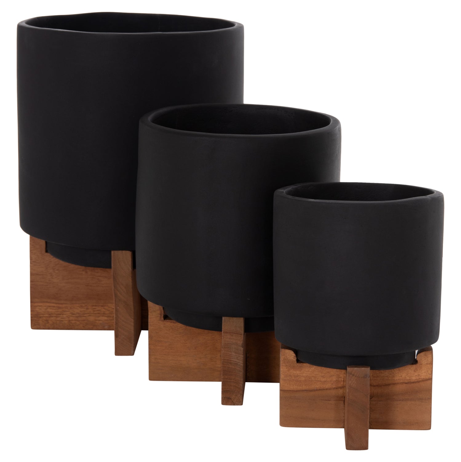 SET 3 POTS/VASES WITH TEAK BASES TANTI HM4685.01 FIBER CEMENT IN BLACK