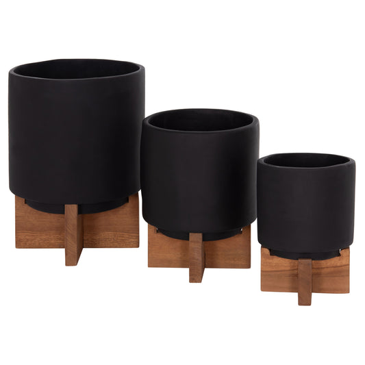 SET 3 POTS/VASES WITH TEAK BASES TANTI HM4685.01 FIBER CEMENT IN BLACK