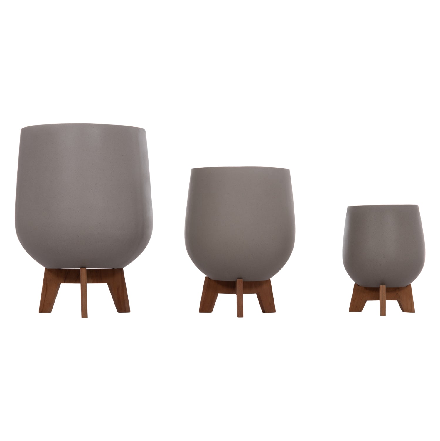SET 3 POTS/VASES WITH TEAK BASES TRYLL HM4681.03 FIBER CEMENT IN GREY