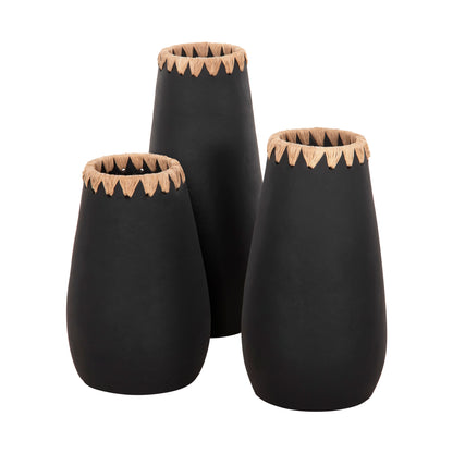 SET 3PCS DECORATIVE VASES HM4372 TERRACOTTA IN BLACK WITH STRAW WEAVING ON THE RIM