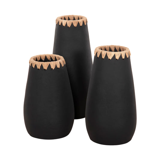 SET 3PCS DECORATIVE VASES HM4372 TERRACOTTA IN BLACK WITH STRAW WEAVING ON THE RIM