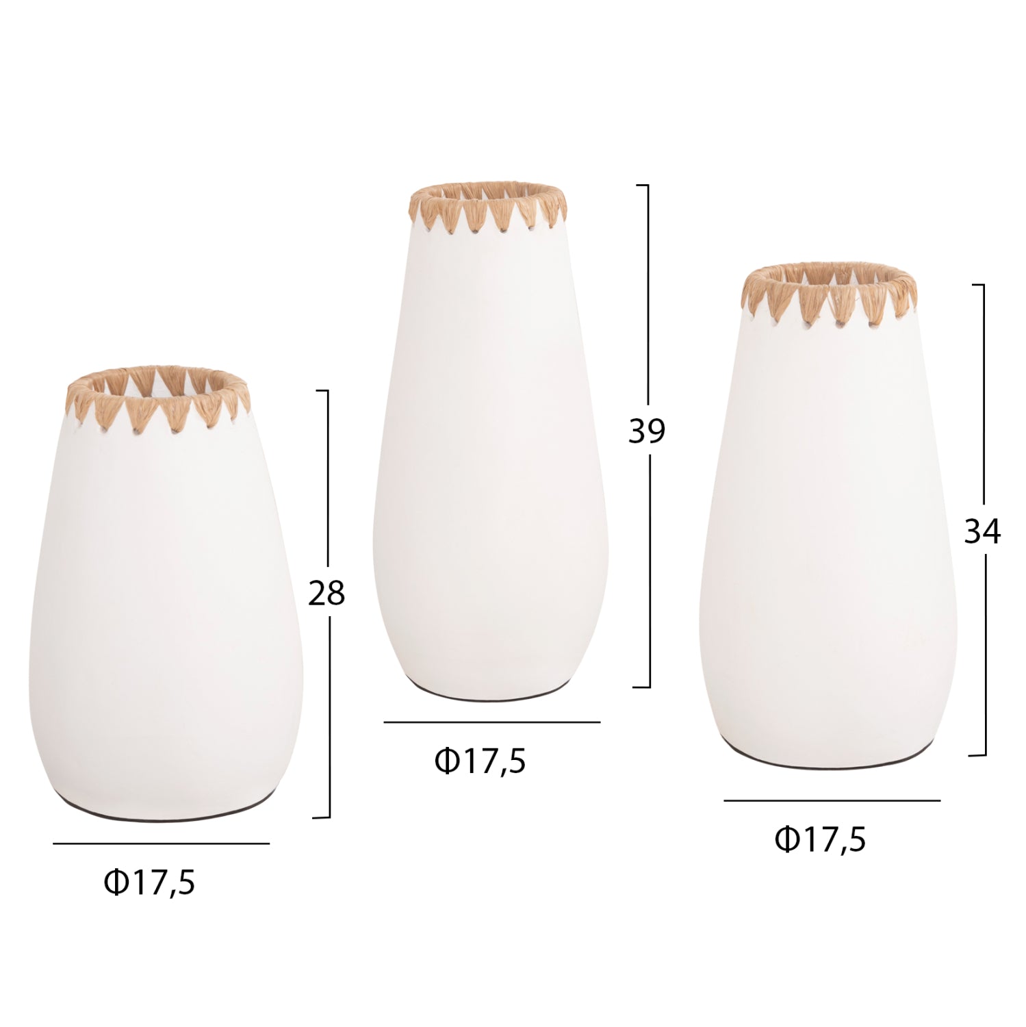 SET 3PCS DECORATIVE VASES HM4373 TERRACOTTA IN WHITE WITH STRAW WEAVING ON THE RIM
