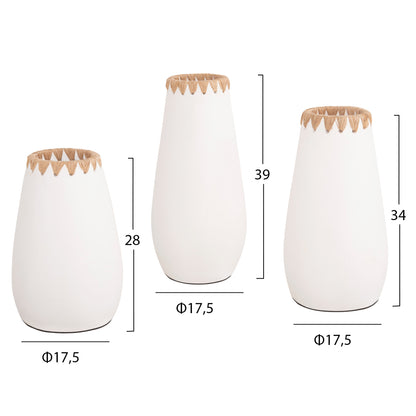 SET 3PCS DECORATIVE VASES HM4373 TERRACOTTA IN WHITE WITH STRAW WEAVING ON THE RIM