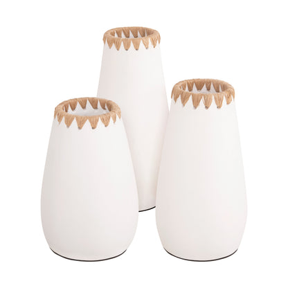 SET 3PCS DECORATIVE VASES HM4373 TERRACOTTA IN WHITE WITH STRAW WEAVING ON THE RIM