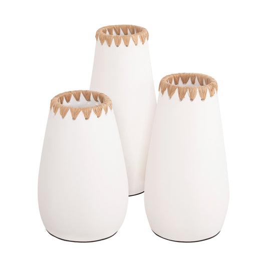 SET 3PCS DECORATIVE VASES HM4373 TERRACOTTA IN WHITE WITH STRAW WEAVING ON THE RIM