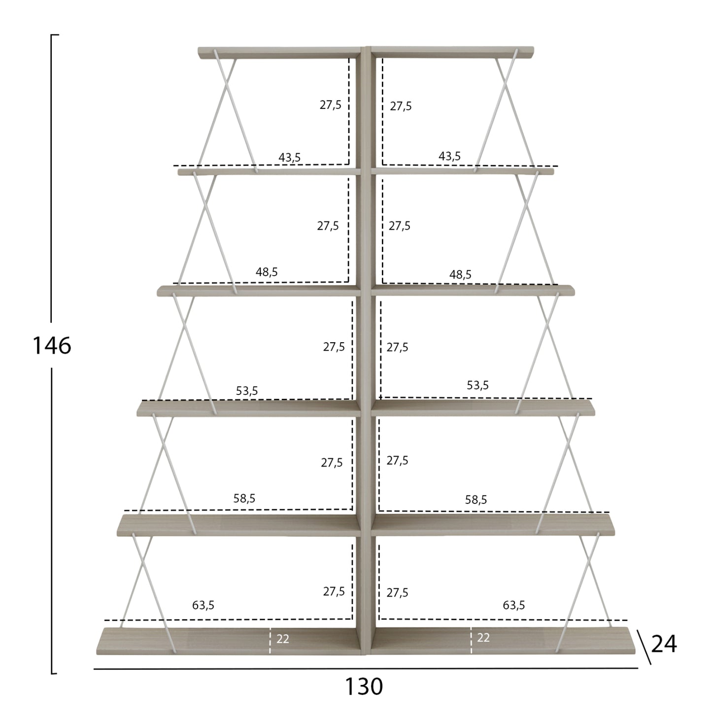BOOKCASES 2PCS SET HM11772.11 MELAMINE IN SONAMA COLOR-WHITE METAL RODS 65x24x146Υεκ.(x2)