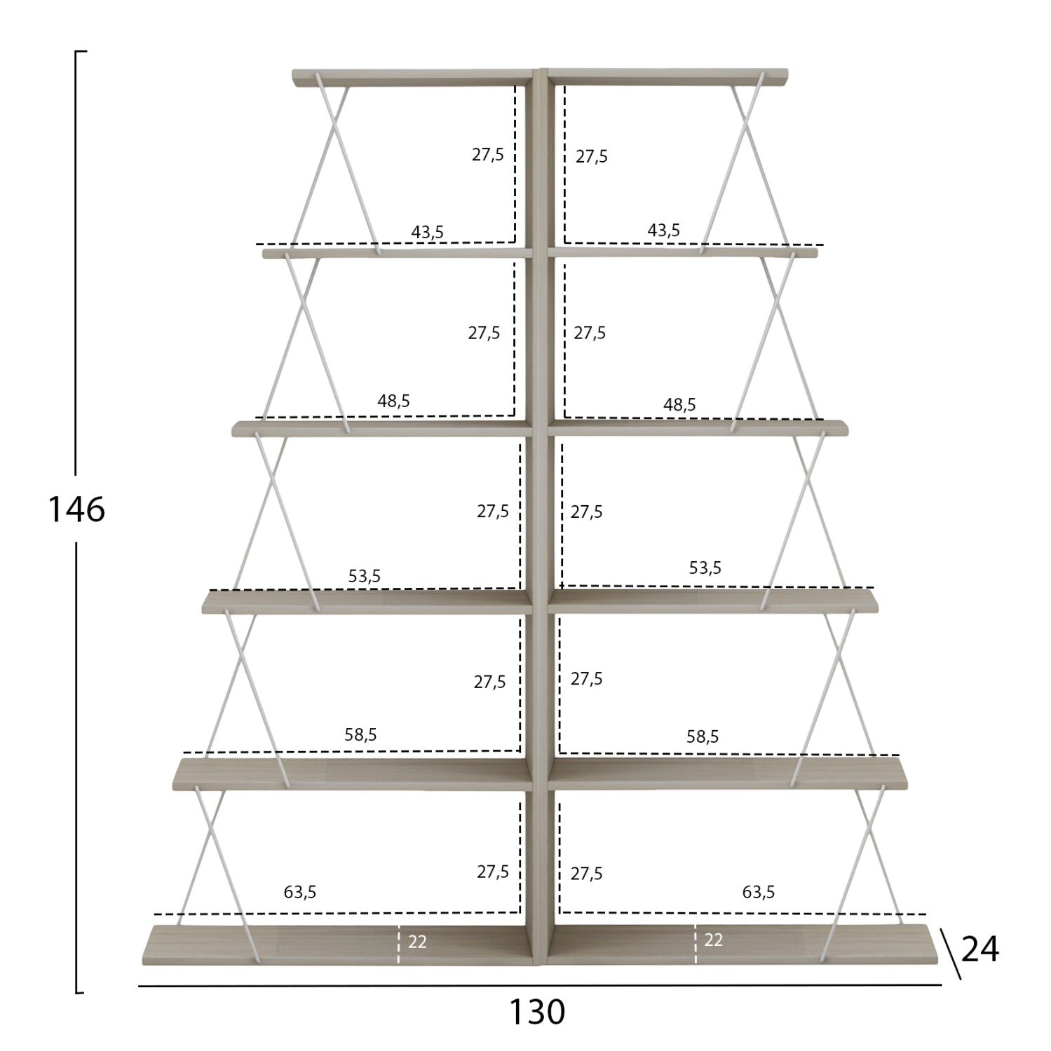 BOOKCASES 2PCS SET HM11772.11 MELAMINE IN SONAMA COLOR-WHITE METAL RODS 65x24x146Υεκ.(x2)