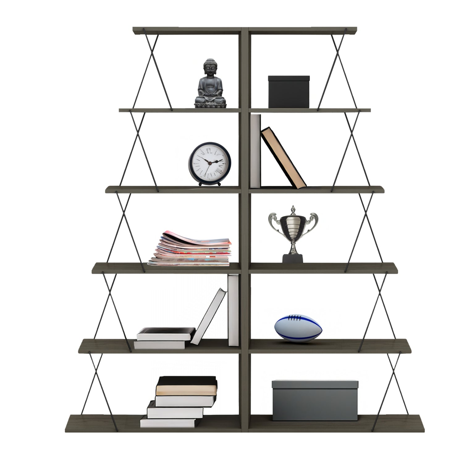 BOOKCASES 2PCS SET MINI TARS HM11772.13 MELAMINE IN OLIVE GREY COLOR-BLACK METAL RODS 65x24x146Hcm.(x2)