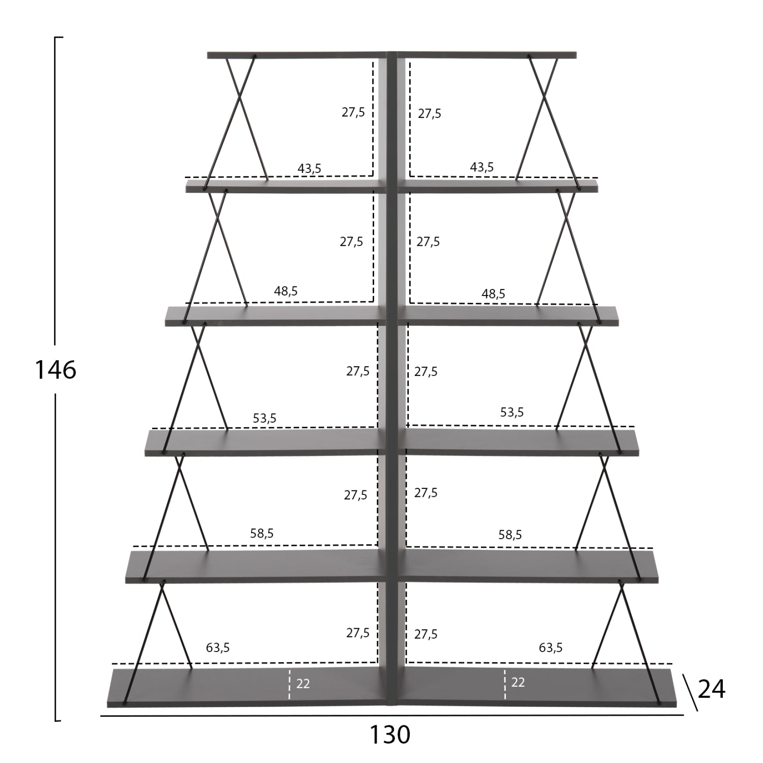 BOOKCASES 2PCS SET MINI TARS HM11772.20 MELAMINE IN GRAY COLOR-BLACK METAL RODS 65x24x146Hcm.(x2)