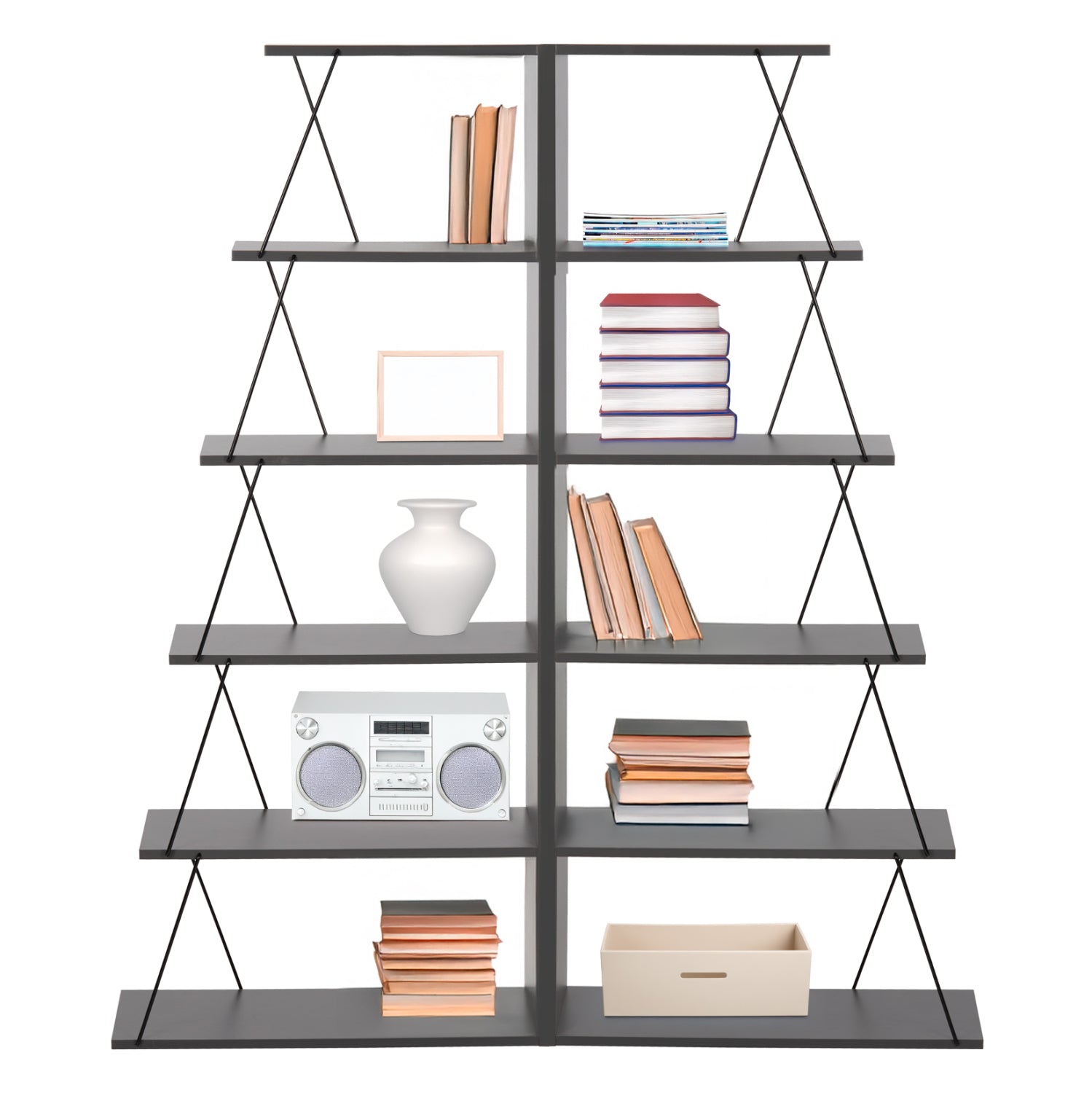 BOOKCASES 2PCS SET MINI TARS HM11772.20 MELAMINE IN GRAY COLOR-BLACK METAL RODS 65x24x146Hcm.(x2)