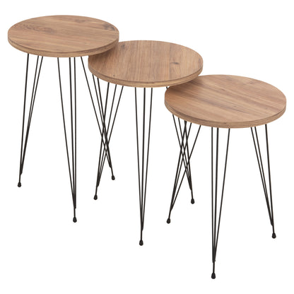 SET OF 3 ROUND SIDE TABLES NISSA HM18173.04 MELAMINE IN NATURAL WOOD COLOR-BLACK METAL LEGS