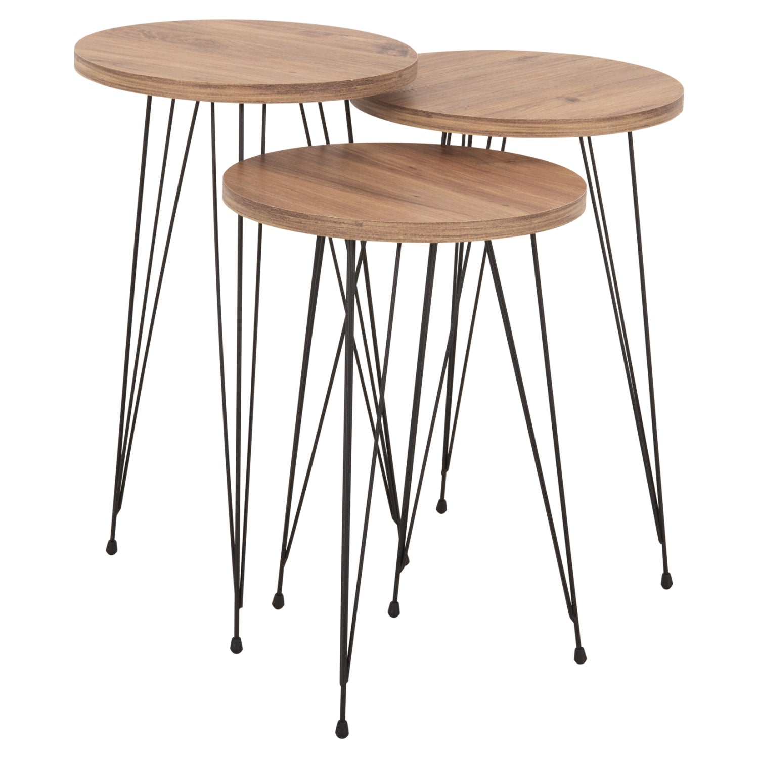 SET OF 3 ROUND SIDE TABLES NISSA HM18173.04 MELAMINE IN NATURAL WOOD COLOR-BLACK METAL LEGS