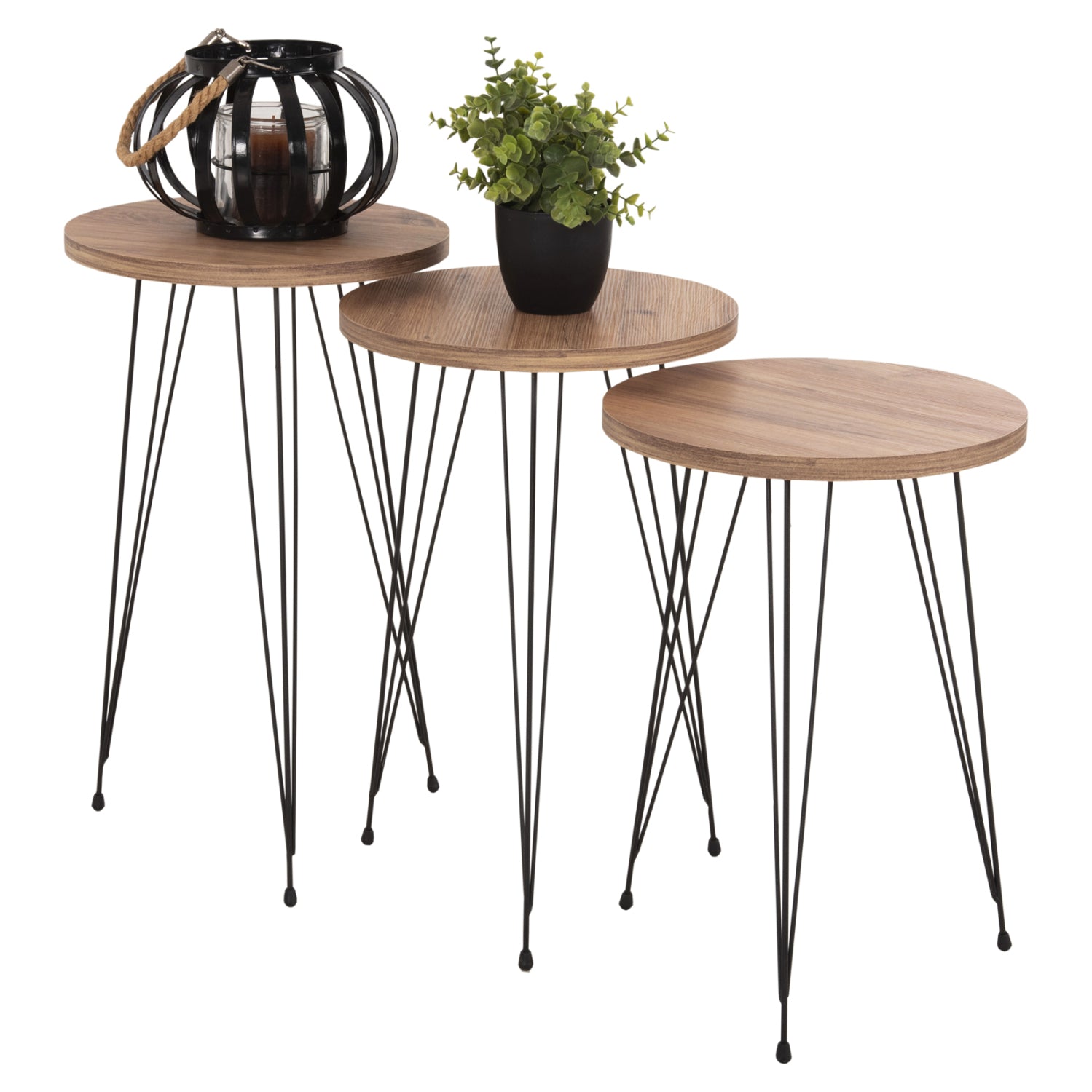 SET OF 3 ROUND SIDE TABLES NISSA HM18173.04 MELAMINE IN NATURAL WOOD COLOR-BLACK METAL LEGS