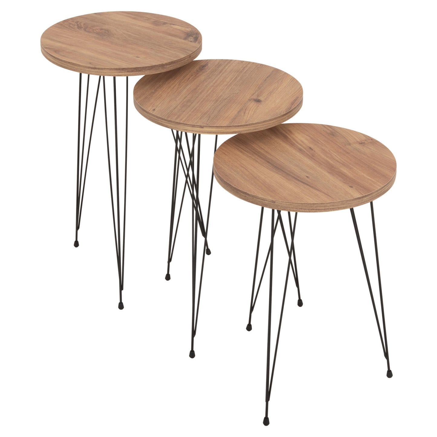 SET OF 3 ROUND SIDE TABLES NISSA HM18173.04 MELAMINE IN NATURAL WOOD COLOR-BLACK METAL LEGS