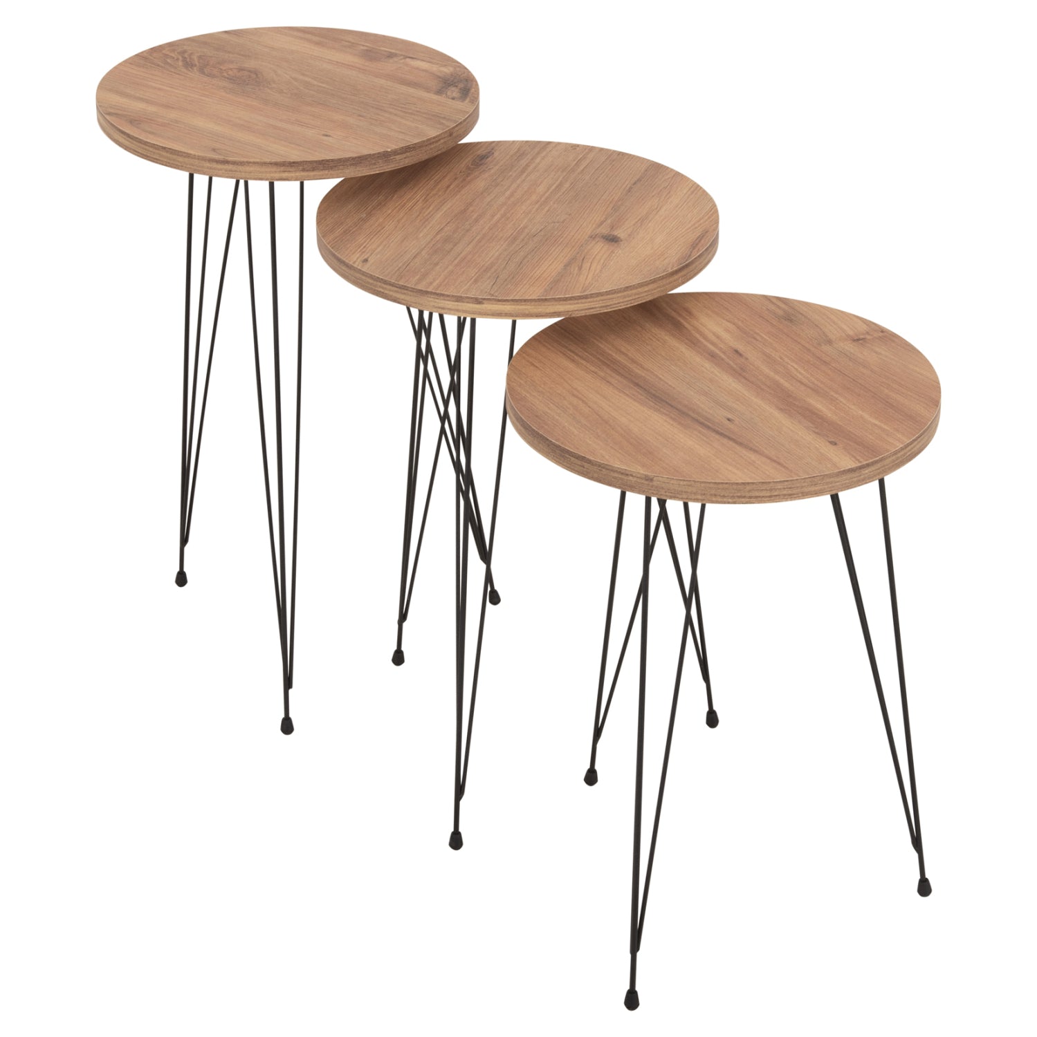 SET OF 3 ROUND SIDE TABLES NISSA HM18173.04 MELAMINE IN NATURAL WOOD COLOR-BLACK METAL LEGS