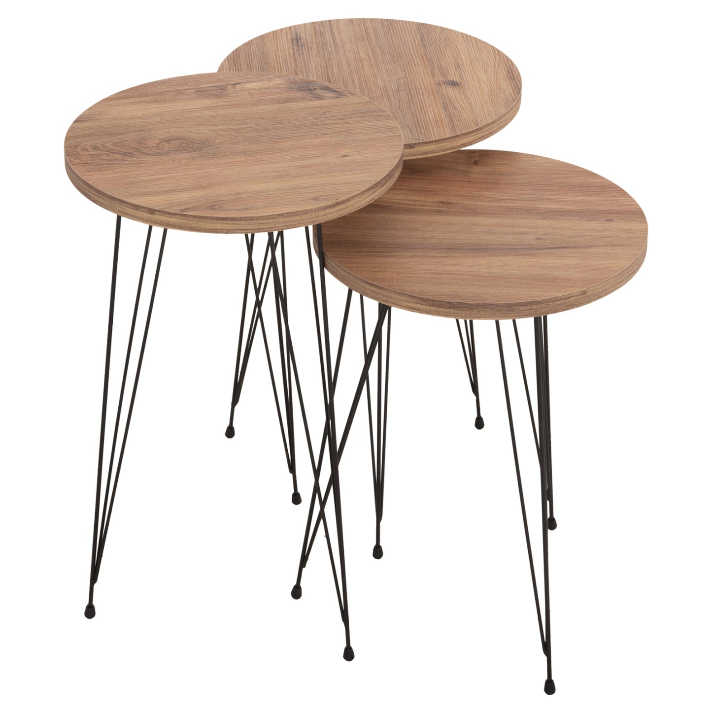 SET OF 3 ROUND SIDE TABLES NISSA HM18173.04 MELAMINE IN NATURAL WOOD COLOR-BLACK METAL LEGS