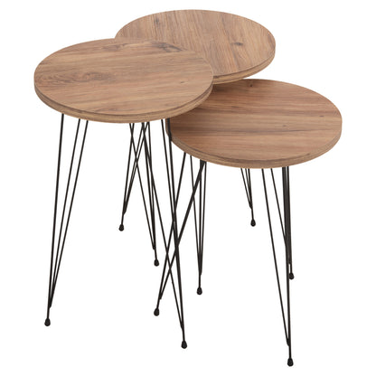 SET OF 3 ROUND SIDE TABLES NISSA HM18173.04 MELAMINE IN NATURAL WOOD COLOR-BLACK METAL LEGS