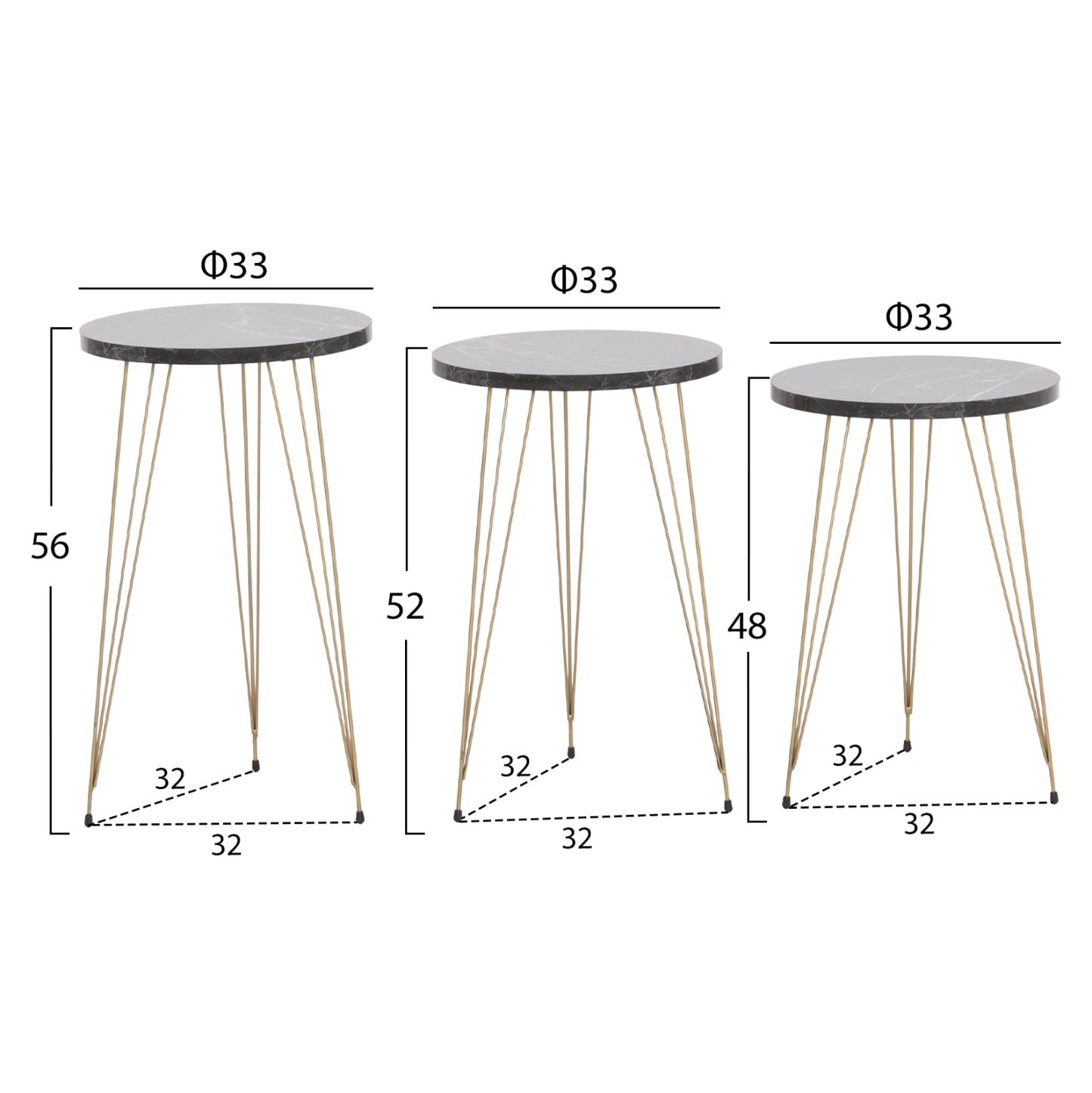 SET OF 3 ROUND SIDE TABLES NISSA HM18173.12 MELAMINE IN BLACK MARBLE--GOLD METAL LEGS