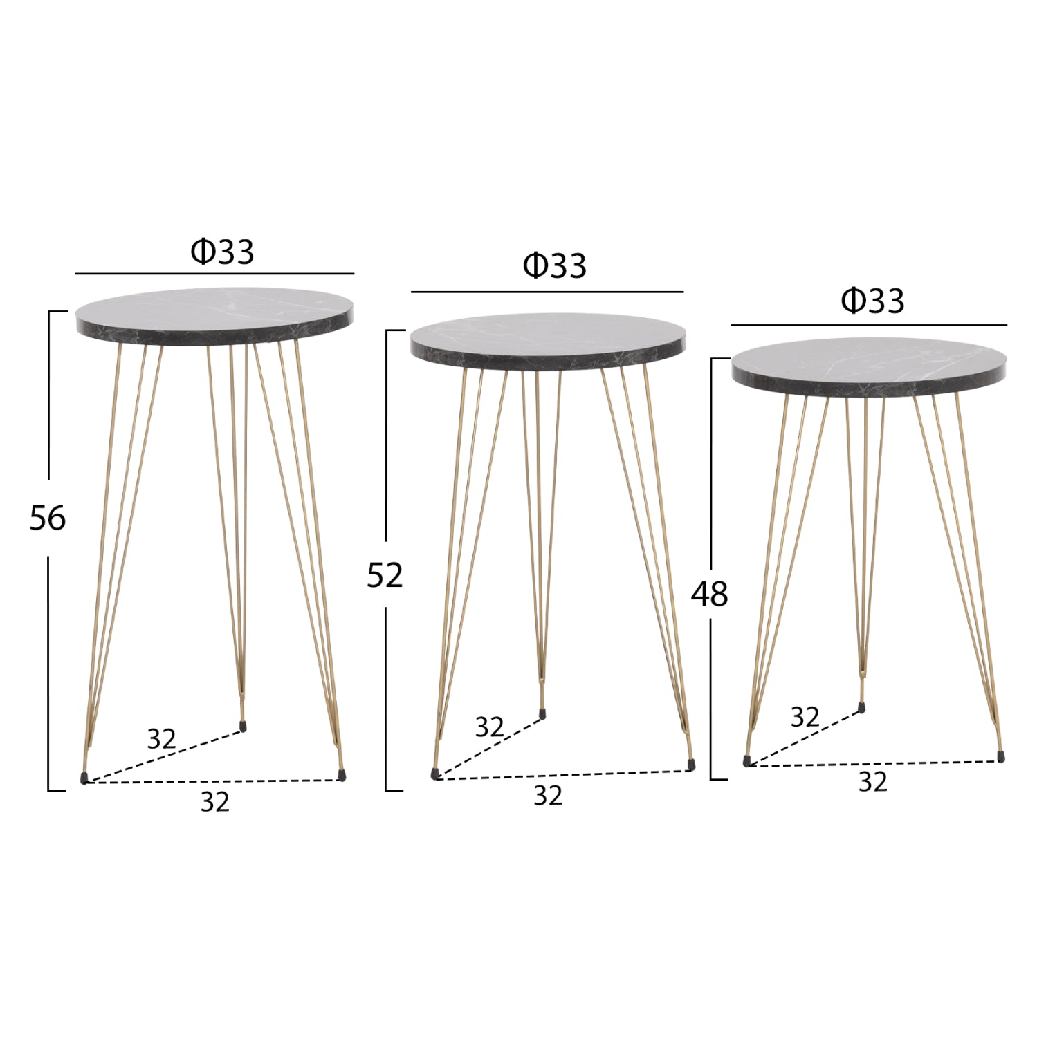 SET OF 3 ROUND SIDE TABLES NISSA HM18173.12 MELAMINE IN BLACK MARBLE--GOLD METAL LEGS
