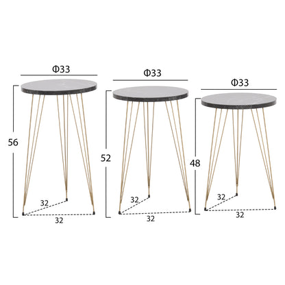 SET OF 3 ROUND SIDE TABLES NISSA HM18173.12 MELAMINE IN BLACK MARBLE--GOLD METAL LEGS