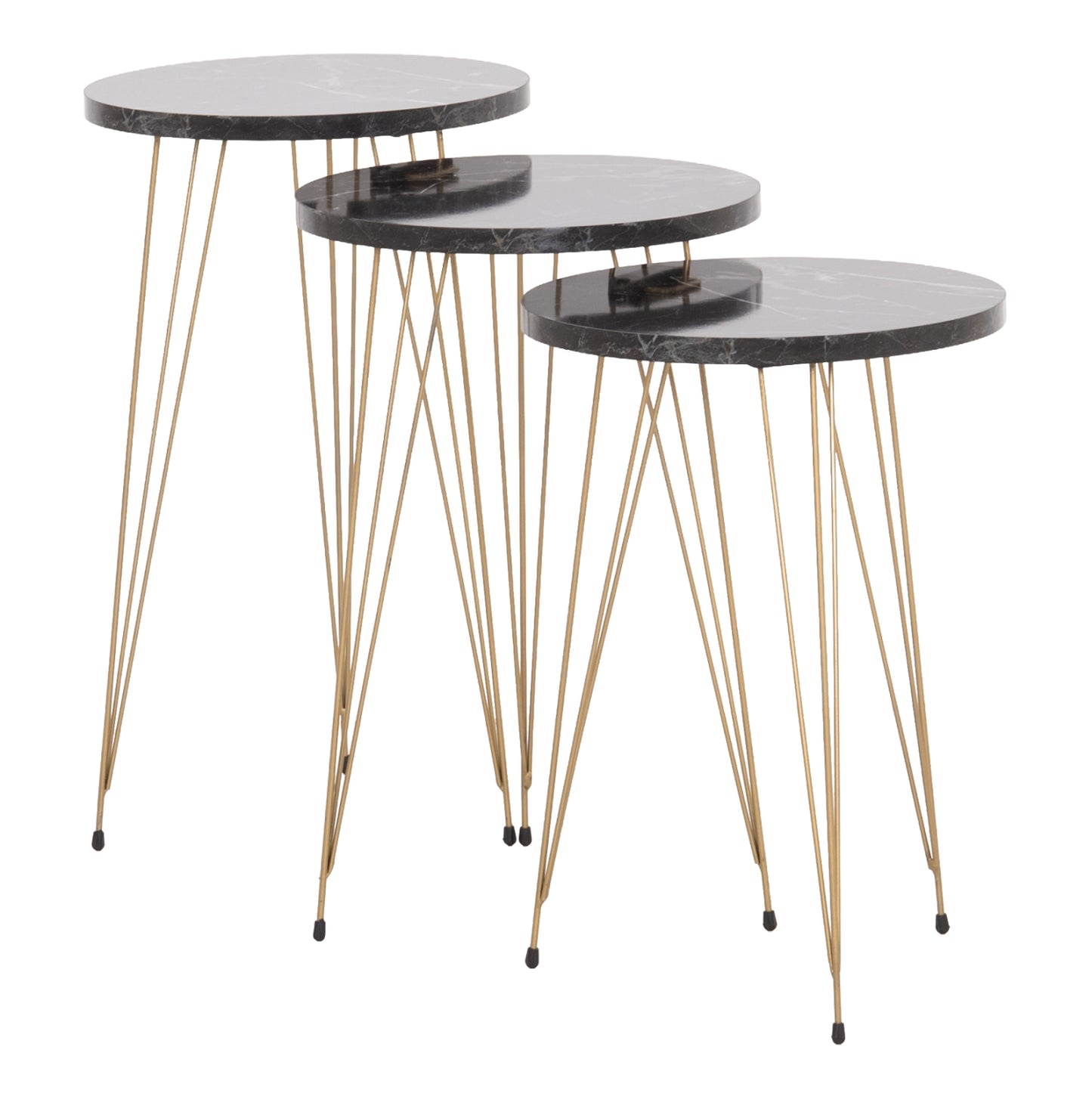 SET OF 3 ROUND SIDE TABLES NISSA HM18173.12 MELAMINE IN BLACK MARBLE--GOLD METAL LEGS