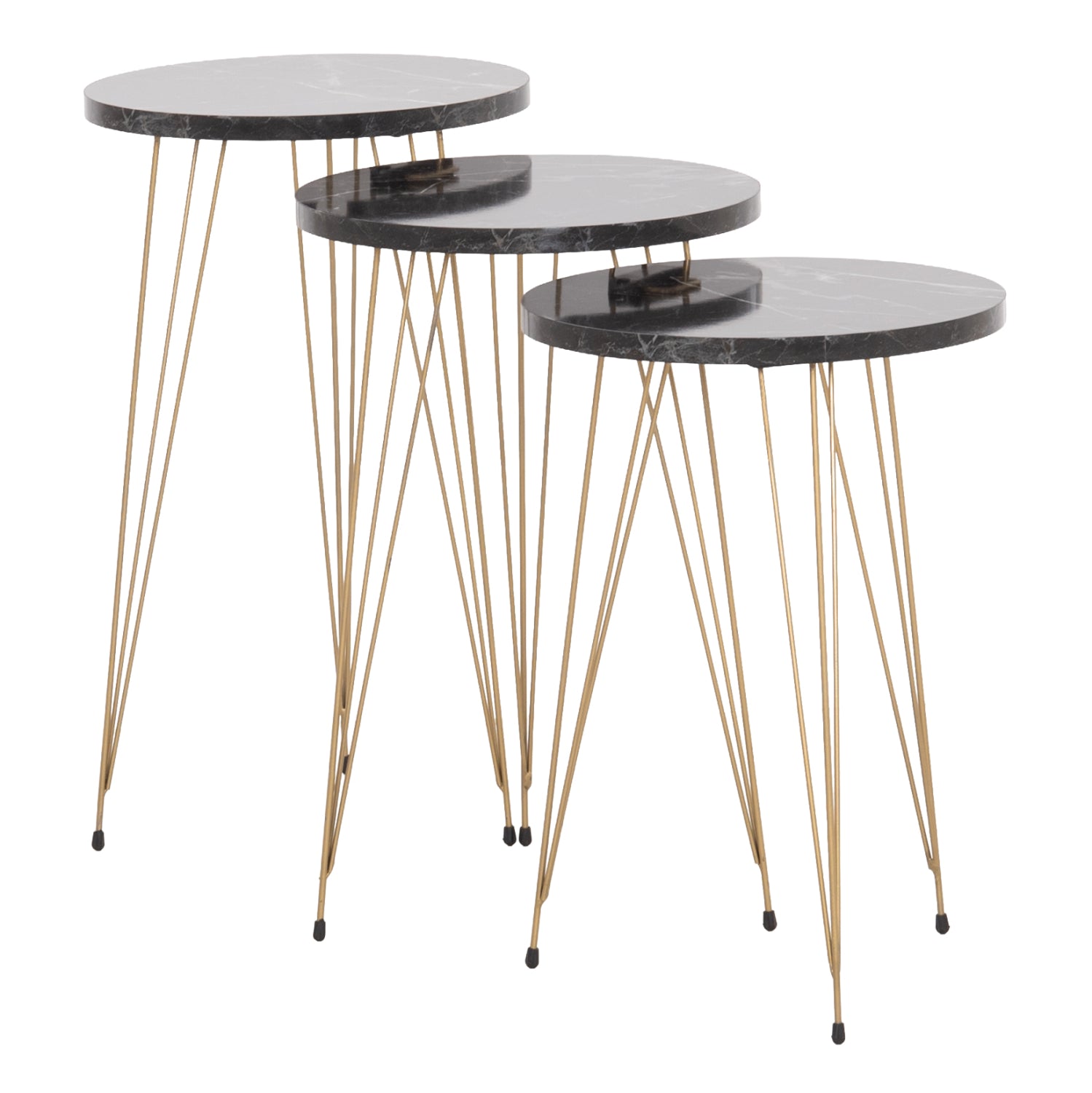SET OF 3 ROUND SIDE TABLES NISSA HM18173.12 MELAMINE IN BLACK MARBLE--GOLD METAL LEGS